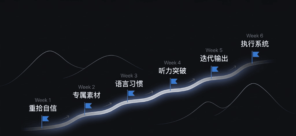 六週 OIO 闖關路徑示意:發光路線與每週主題旗標